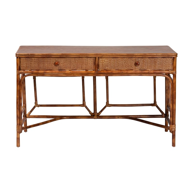 bali & pari Basile Marbled Tortoise Natural Rattan Desk 2-Drawer Writing Desk
