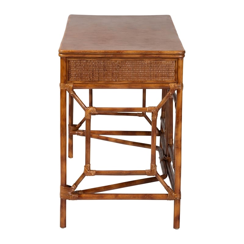 bali & pari Basile Marbled Tortoise Natural Rattan Desk 2-Drawer Writing Desk