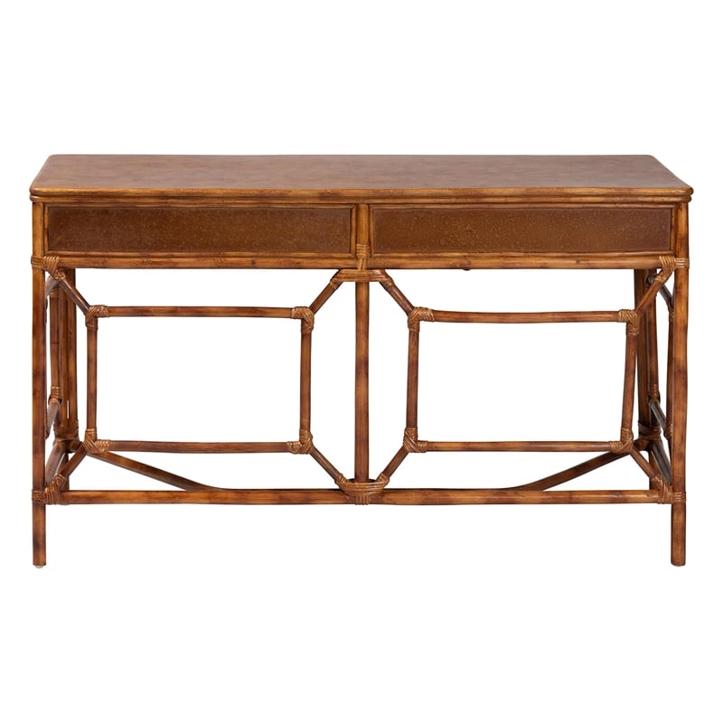 bali & pari Basile Marbled Tortoise Natural Rattan Desk 2-Drawer Writing Desk