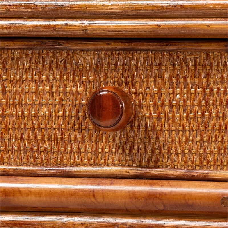 bali & pari Basile Marbled Tortoise Natural Rattan Desk 2-Drawer Writing Desk
