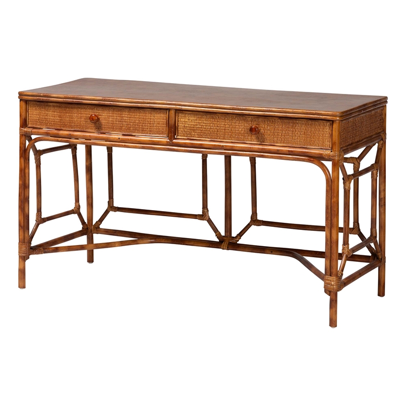 bali & pari Basile Marbled Tortoise Natural Rattan Desk 2-Drawer Writing Desk