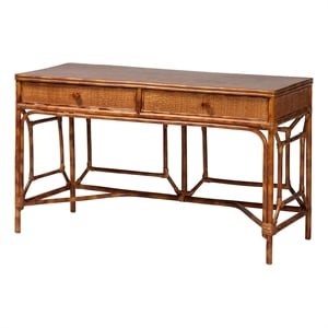 bali & pari Basile Marbled Tortoise Natural Rattan Desk 2-Drawer Writing Desk