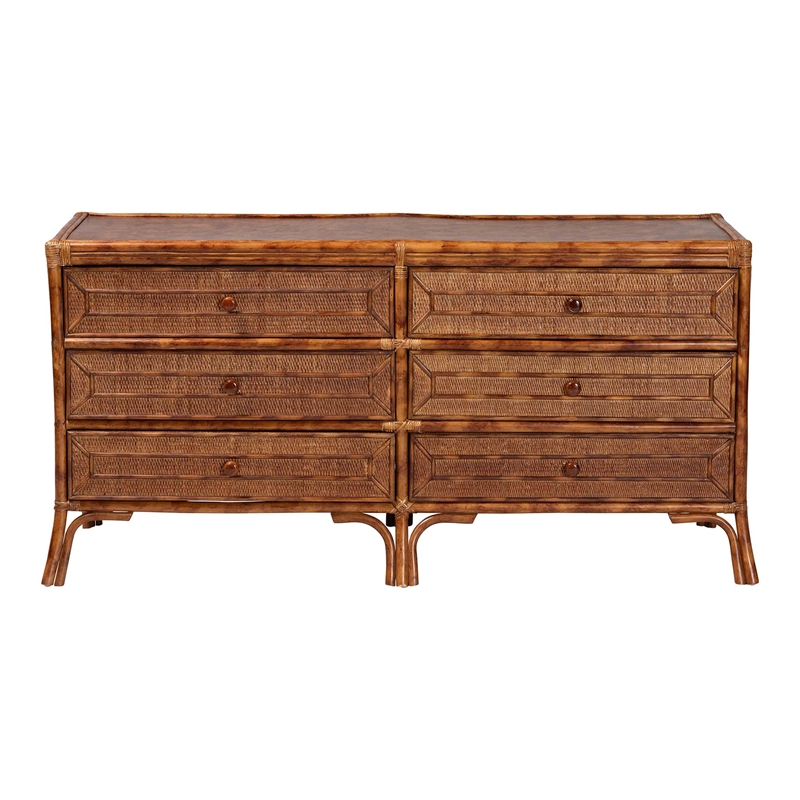 bali & pari Basile Natural Rattan Dresser 6-Drawer Horizontal Storage Cabinet