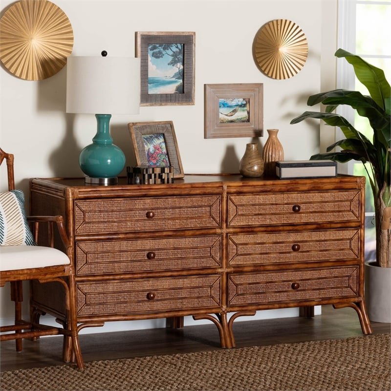 bali & pari Basile Natural Rattan Dresser 6-Drawer Horizontal Storage Cabinet