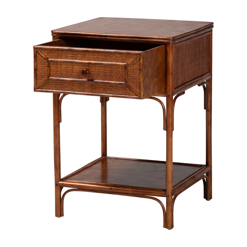 bali & pari Basile Marbled Tortoise Natural Rattan End Table Accent Table