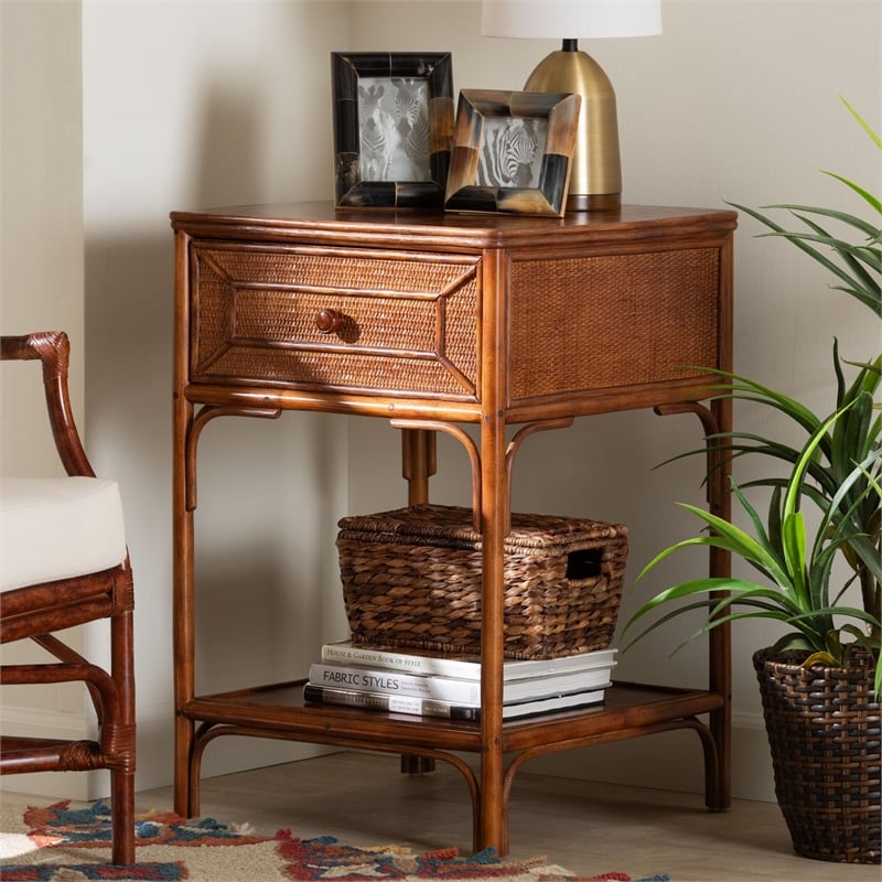 bali & pari Basile Marbled Tortoise Natural Rattan End Table Accent Table