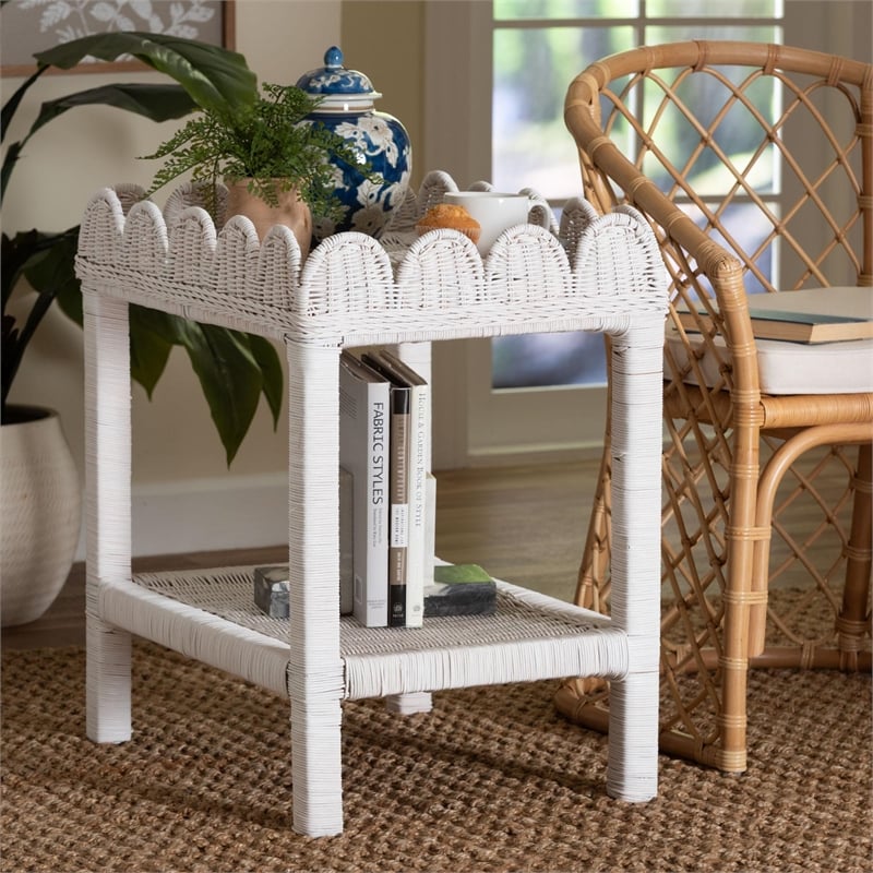 bali & pari Sumana Natural Rattan Side Table 2-Tier Accent End Table White