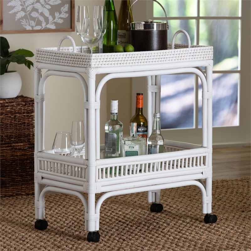 bali & pari Lombok Natural Rattan Wine Cart 2-Tier Mobile Bar Cart White