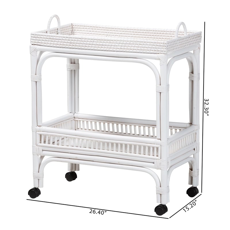 bali & pari Lombok Natural Rattan Wine Cart 2-Tier Mobile Bar Cart White