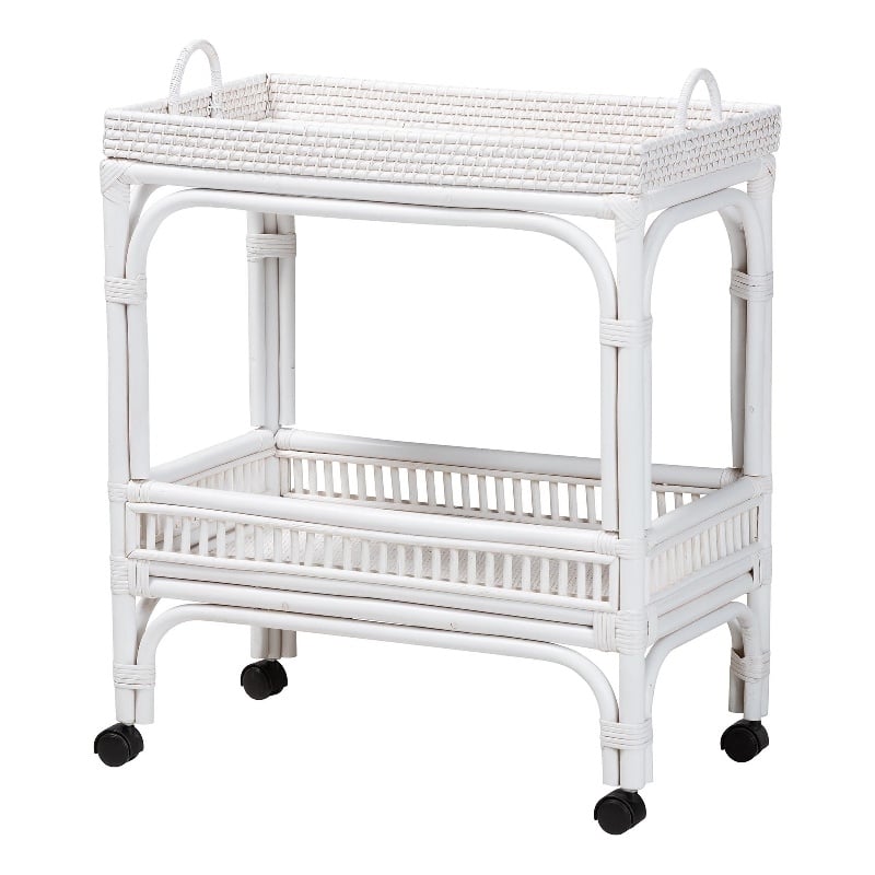 bali & pari Lombok Natural Rattan Wine Cart 2-Tier Mobile Bar Cart White