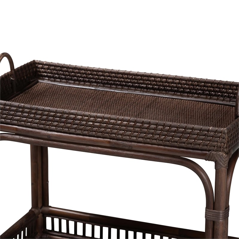 bali & pari Lombok Natural Rattan Wine Cart 2-Tier Mobile Bar Cart Espresso
