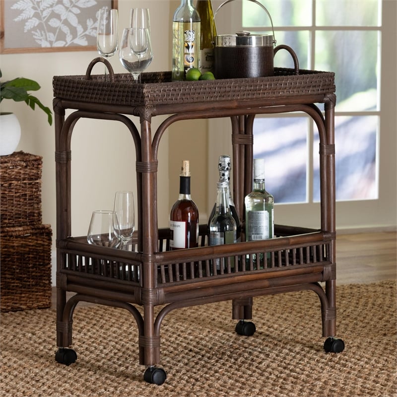 bali & pari Lombok Natural Rattan Wine Cart 2-Tier Mobile Bar Cart Espresso