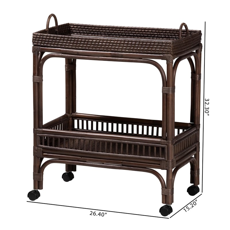 bali & pari Lombok Natural Rattan Wine Cart 2-Tier Mobile Bar Cart Espresso
