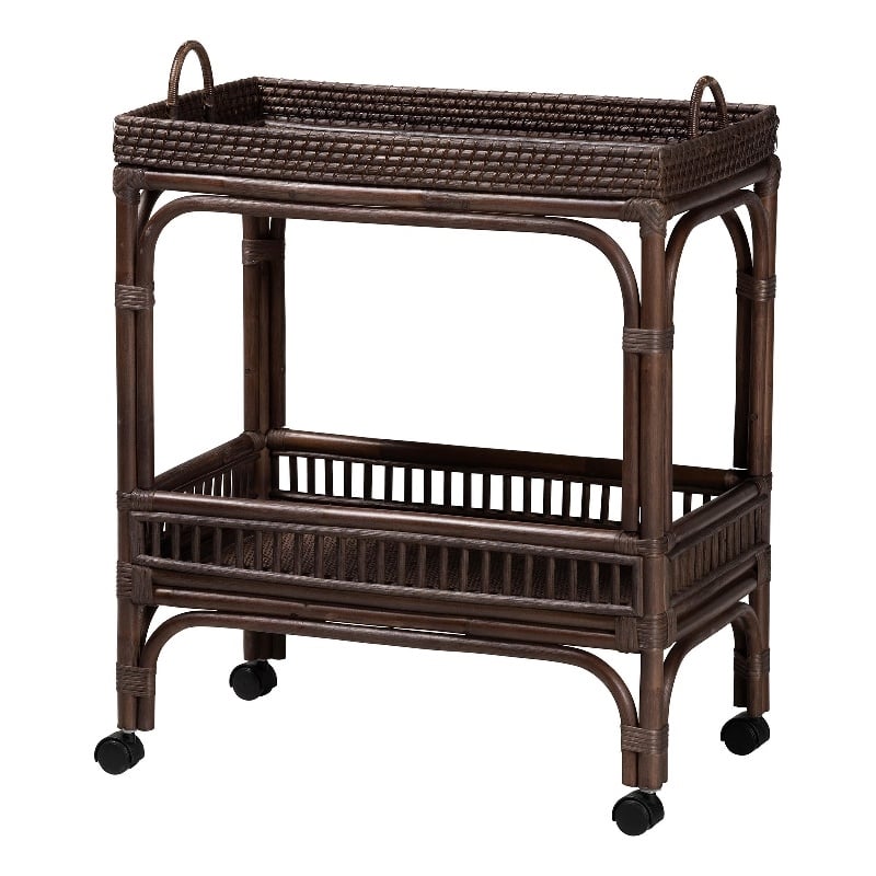 bali & pari Lombok Natural Rattan Wine Cart 2-Tier Mobile Bar Cart Espresso