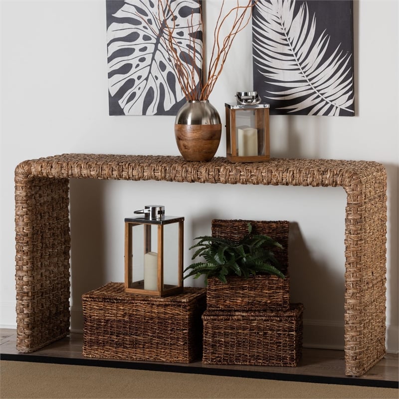 bali & pari Alda Handwoven Seagrass Console Table Wicker Waterfall Accent Table