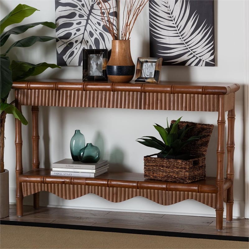 bali & pari Alessa Mahogany Wood Console Table Fluted Wood Accent Table 54 in