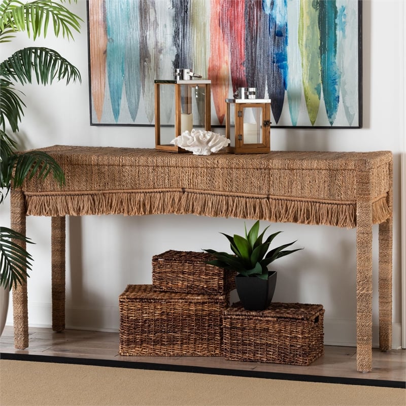 bali & pari Fiona Handwoven Seagrass Console Table Coastal Boho Accent Table