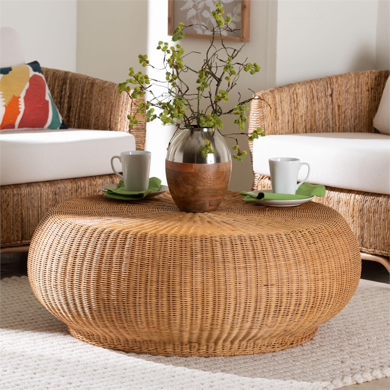 bali & pari Beatriz Natural Rattan Coffee Table Handwoven Wicker Accent Table