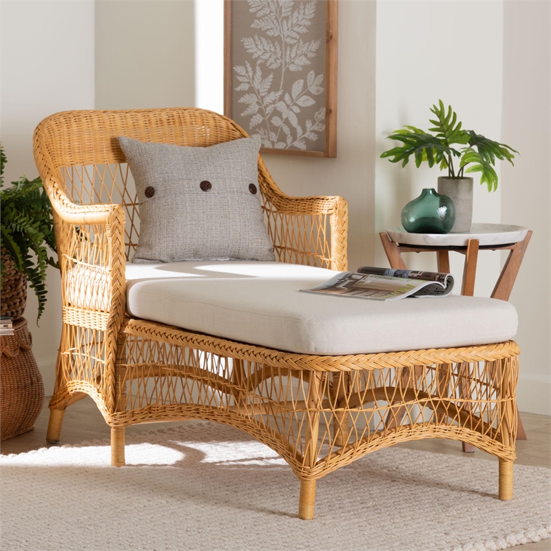 bali & pari Bruno Natural Rattan Chaise Lounge Chair with Cushion