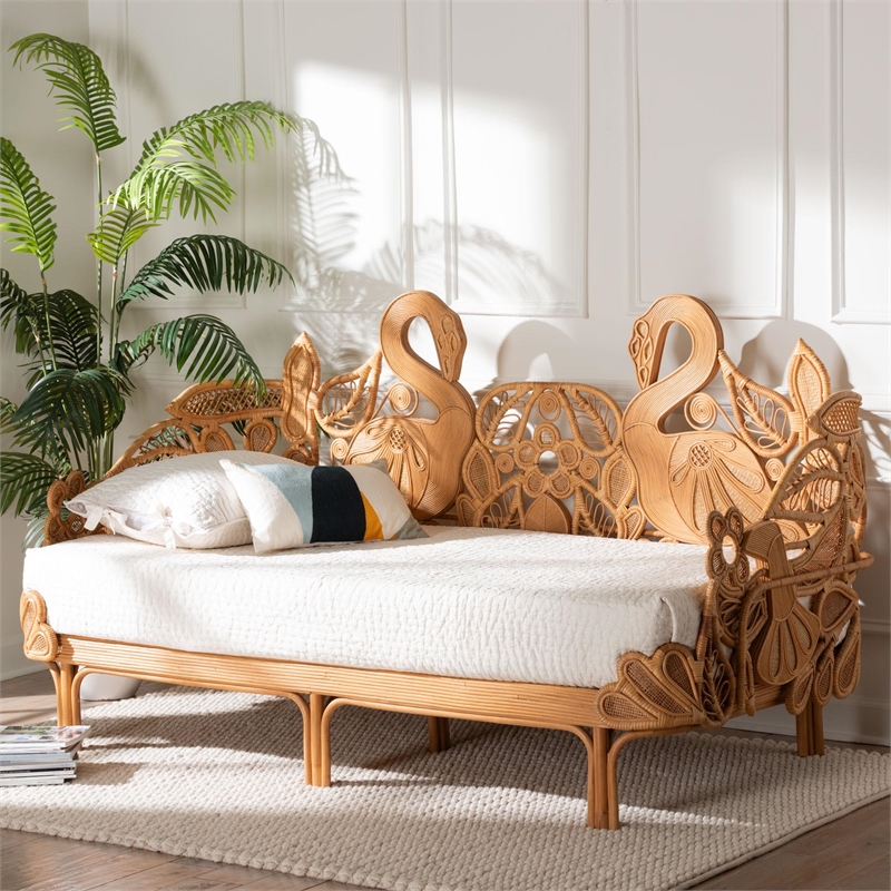 bali & pari Aves Natural Rattan Daybed with Decorative Flamingo Frame Twin