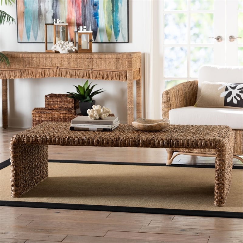 bali & pari Alda Handwoven Seagrass Coffee Table Wicker Waterfall Accent Table