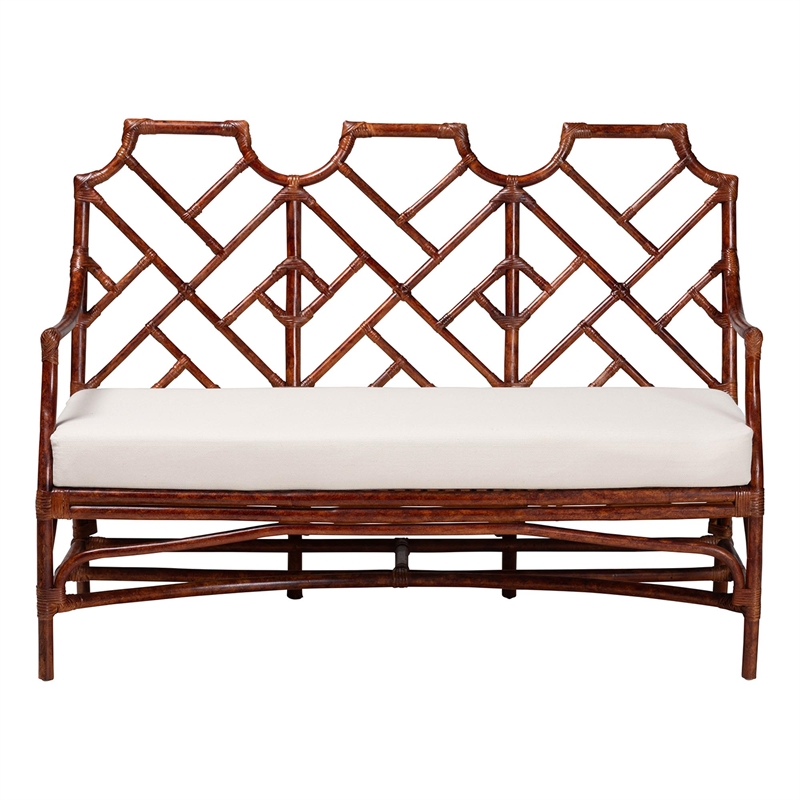 bali & pari Aella Marbled Tortoise Natural Rattan Loveseat Bench with Cushion