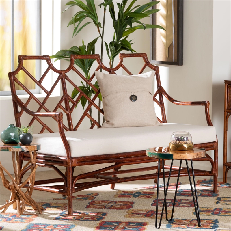 bali & pari Aella Marbled Tortoise Natural Rattan Loveseat Bench with Cushion