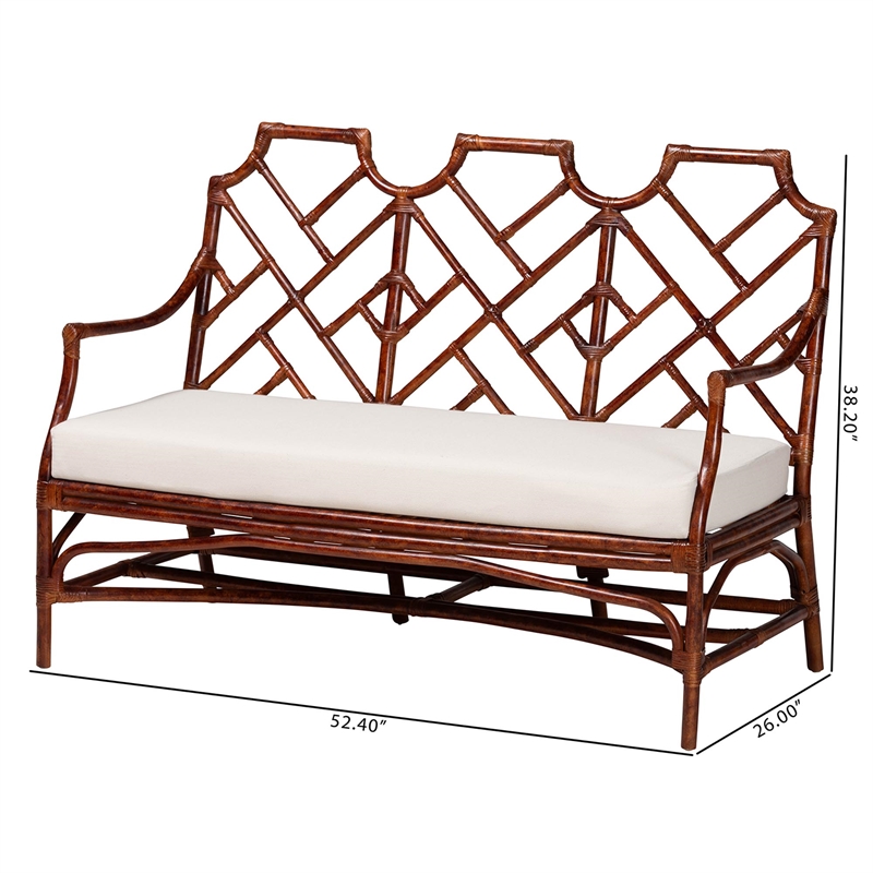 bali & pari Aella Marbled Tortoise Natural Rattan Loveseat Bench with Cushion