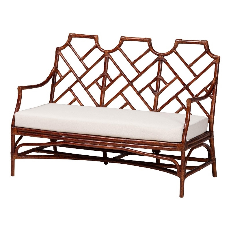 bali & pari Aella Marbled Tortoise Natural Rattan Loveseat Bench with Cushion