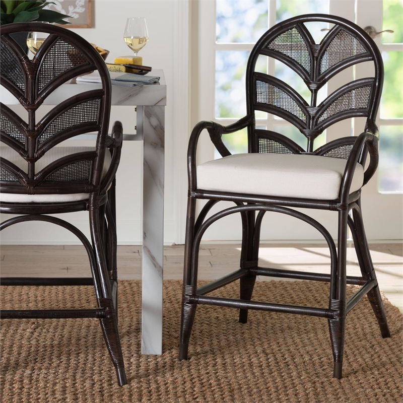 bali & pari Niven Natural Rattan Counter Stool with Cushion Wicker Accent Stool