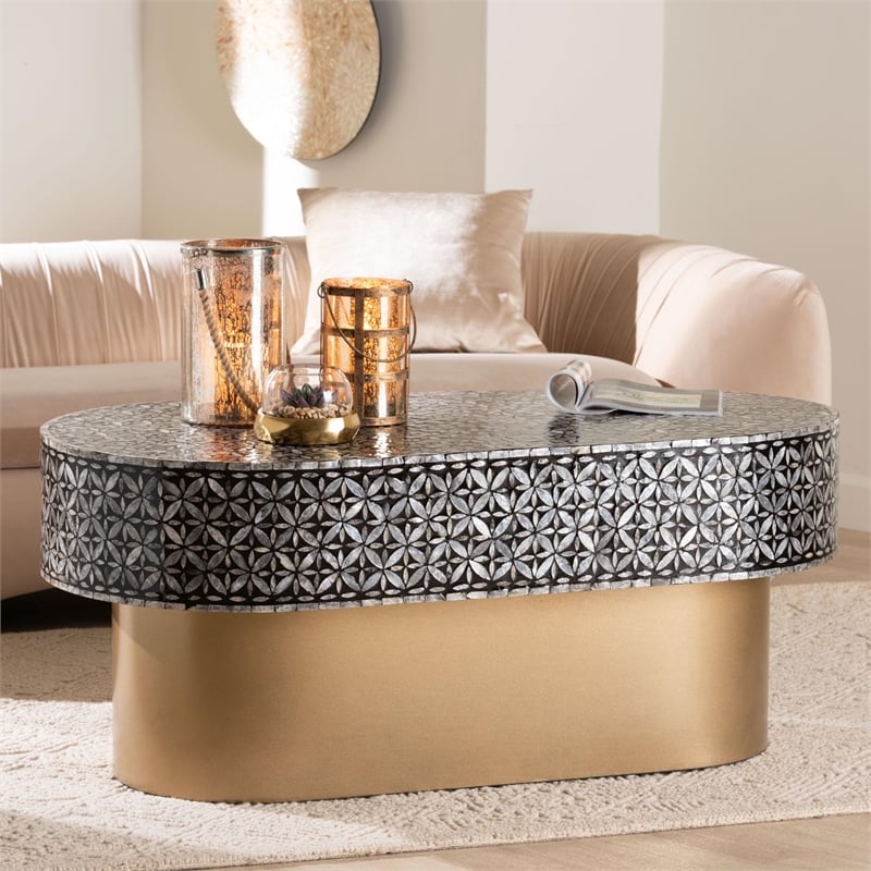 bali & pari Emery Capiz Shell Coffee Table Mother of Pearl Oval Accent Table