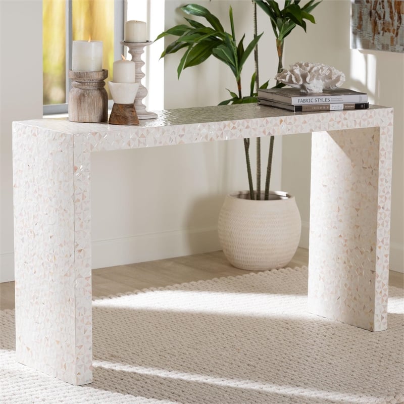 bali & pari Magara Capiz Shell Beige Wood Console Table Waterfall Accent Table