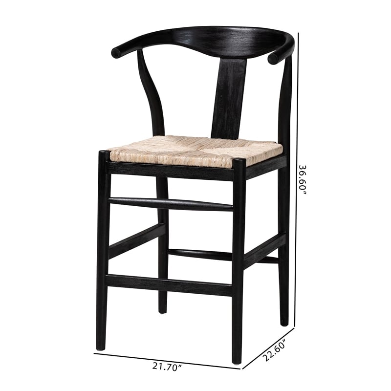 bali & pari Fika Wishbone Counter Stool with Seagrass Seat Wood Frame Black