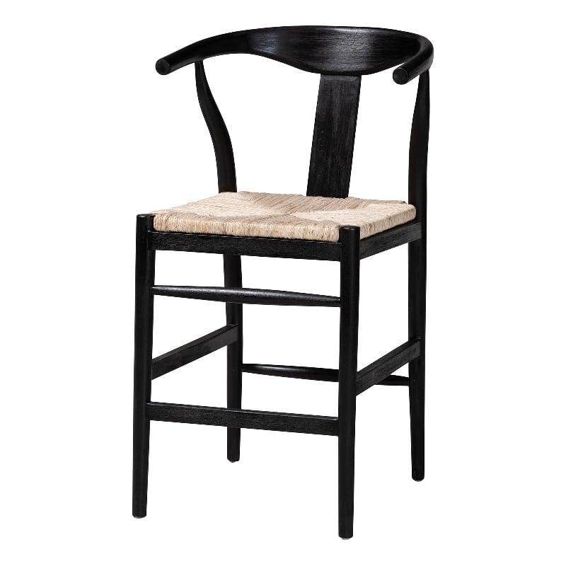 bali & pari Fika Wishbone Counter Stool with Seagrass Seat Wood Frame Black