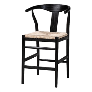 bali & pari Fika Wishbone Counter Stool with Seagrass Seat Wood Frame Black