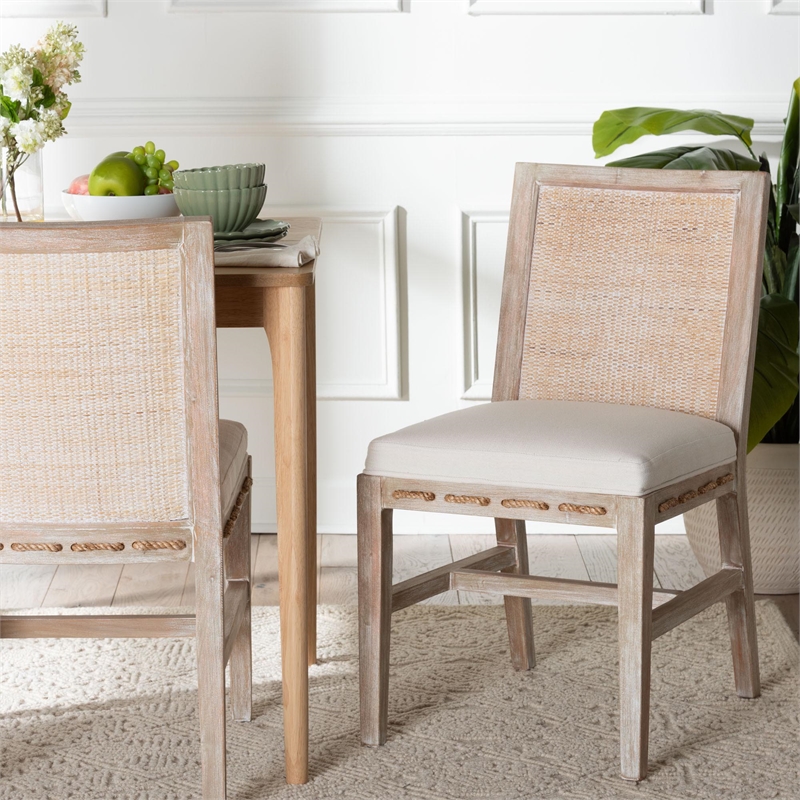 bali & pari Ashford Whitewash Rattan Dining Chair Mahogany Wood Frame