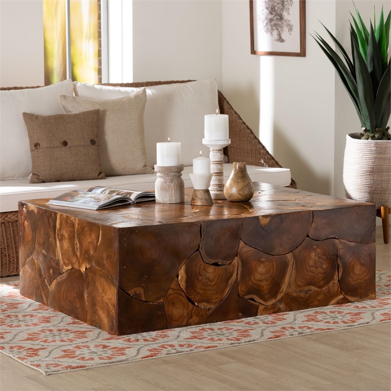 bali & pari Eldora Teak Wood Coffee Table Handcrafted Live-Edge Accent Table