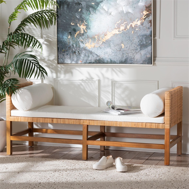bali & pari Vivan Natural Rattan Bench Handwoven Wicker Accent Seating Backless