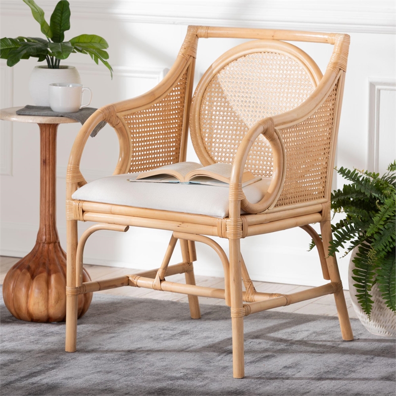 bali & pari Matt Natural Rattan Armchair with Upholstered Seat