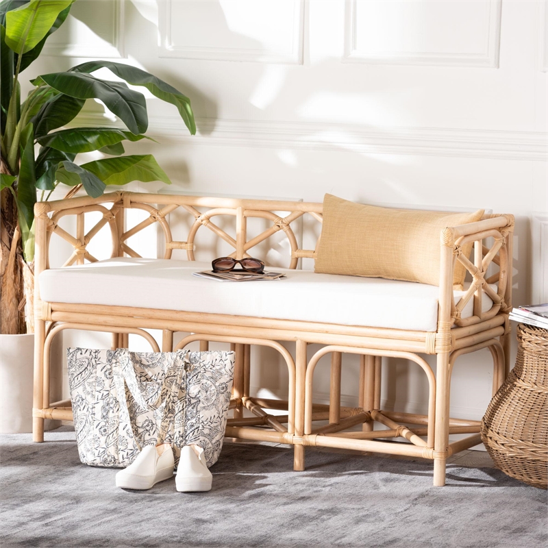 bali & pari Theo Natural Rattan Accent Bench with Removable Cushion