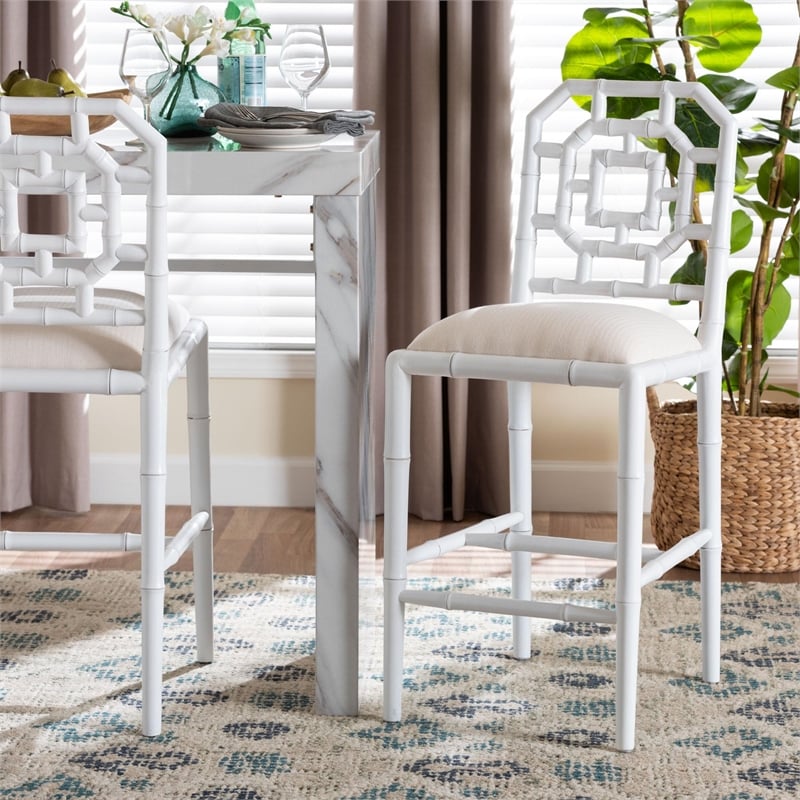 bali & pari Boone Counter Stool with Chinoiserie Design White