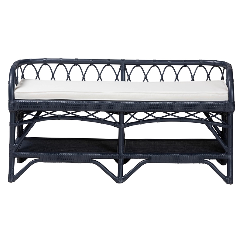 bali & pari Leryn Natural Rattan Bench with Shelf Navy Blue