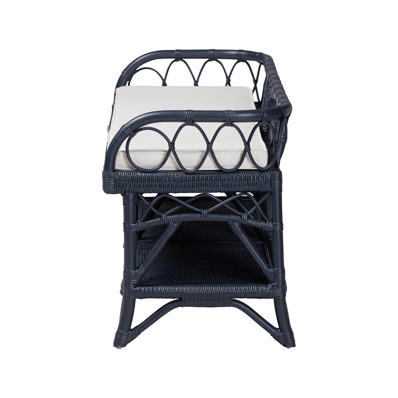 bali & pari Leryn Natural Rattan Bench with Shelf Navy Blue