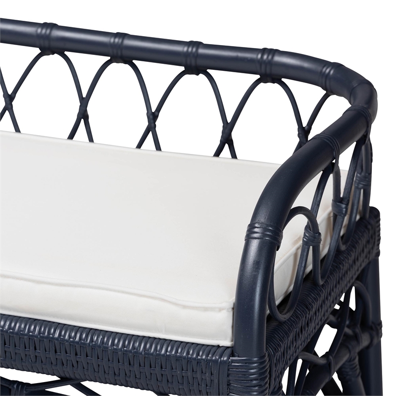 bali & pari Leryn Natural Rattan Bench with Shelf Navy Blue