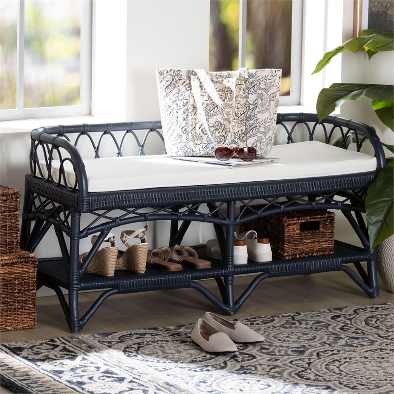 bali & pari Leryn Natural Rattan Bench with Shelf Navy Blue