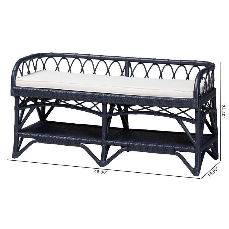 bali & pari Leryn Natural Rattan Bench with Shelf Navy Blue