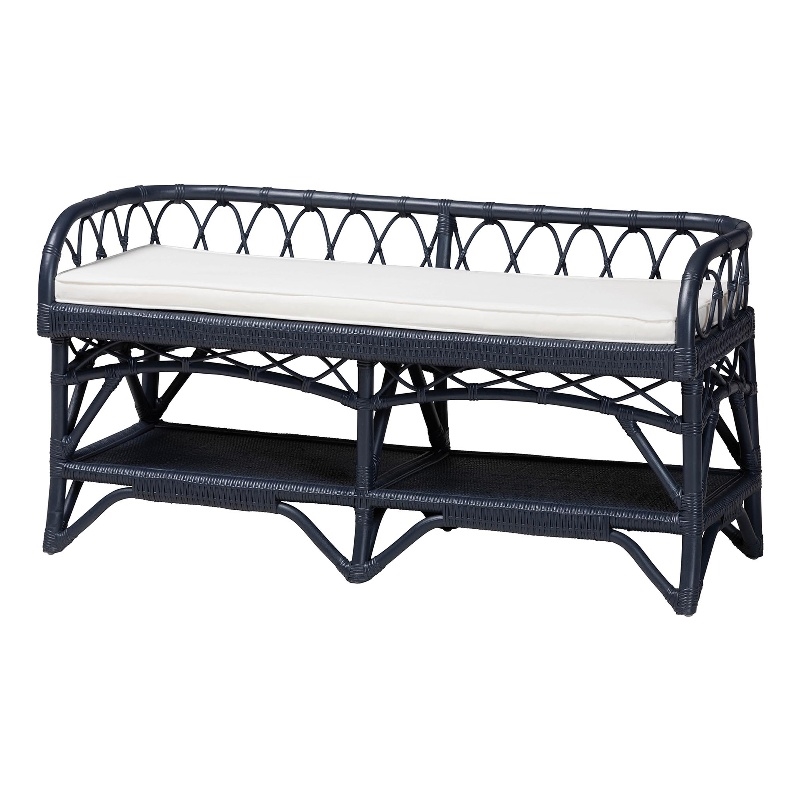 bali & pari Leryn Natural Rattan Bench with Shelf Navy Blue