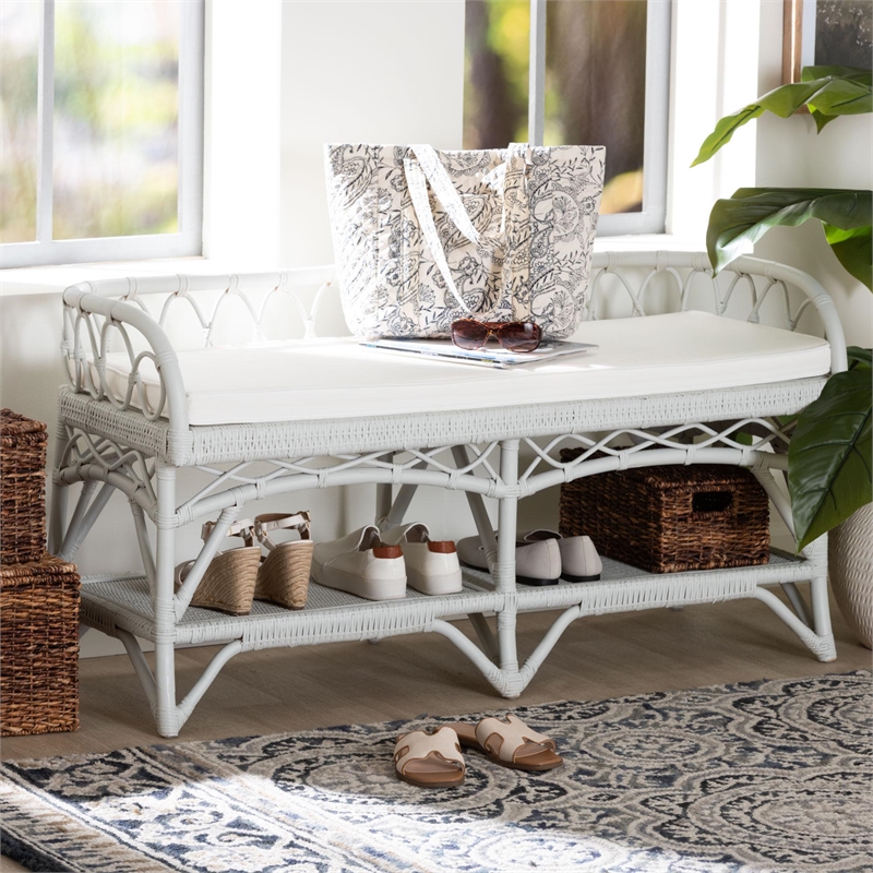 bali & pari Leryn Natural Rattan Bench with Shelf White