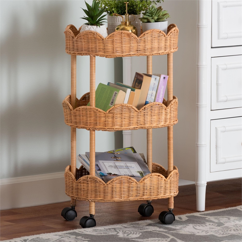bali & pari Bulana Natural Rattan 3-Tier Rolling Storage Cart