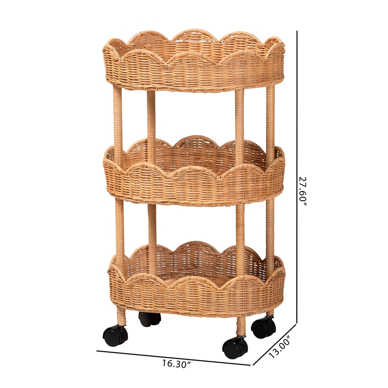 bali & pari Bulana Natural Rattan 3-Tier Rolling Storage Cart